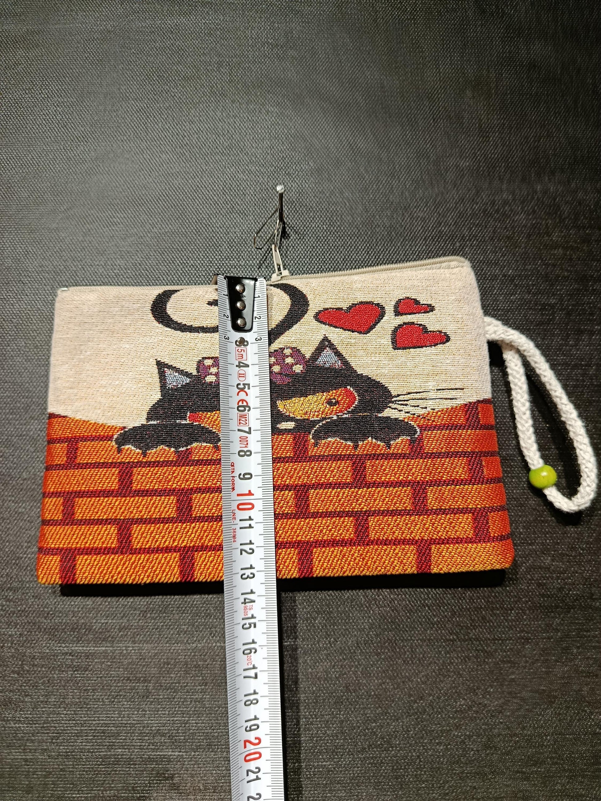 Handmade Cats & Hearts Purse: Organic Cotton Blend Bag (15cmx20cm)