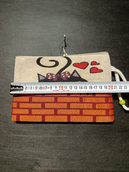 Handmade Cats & Hearts Purse: Organic Cotton Blend Bag (15cmx20cm)