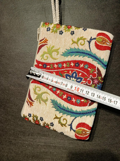 Mini Turkish Coin Purse – Paisley Tapestry Pattern, Ottoman Motif Zip Pouch, Small Wristlet Bag