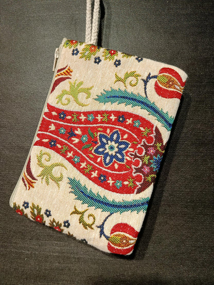 Mini Turkish Coin Purse – Paisley Tapestry Pattern, Ottoman Motif Zip Pouch, Small Wristlet Bag