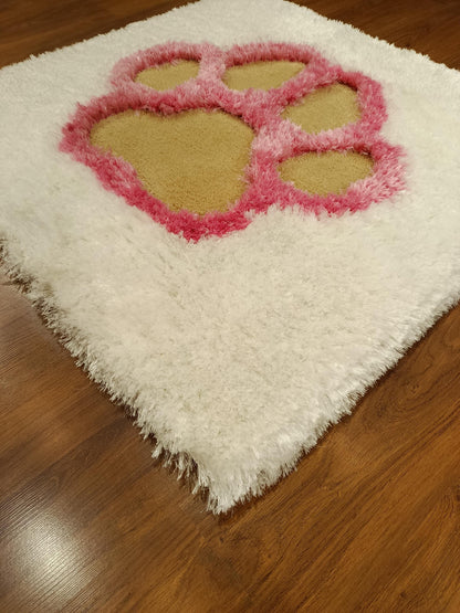 Handmade Tufted Paw Print Rug: Pink & White Fluffy Pet Mat