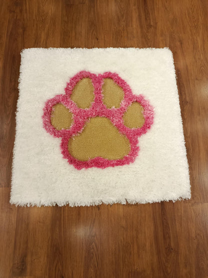 Handmade Tufted Paw Print Rug: Pink & White Fluffy Pet Mat