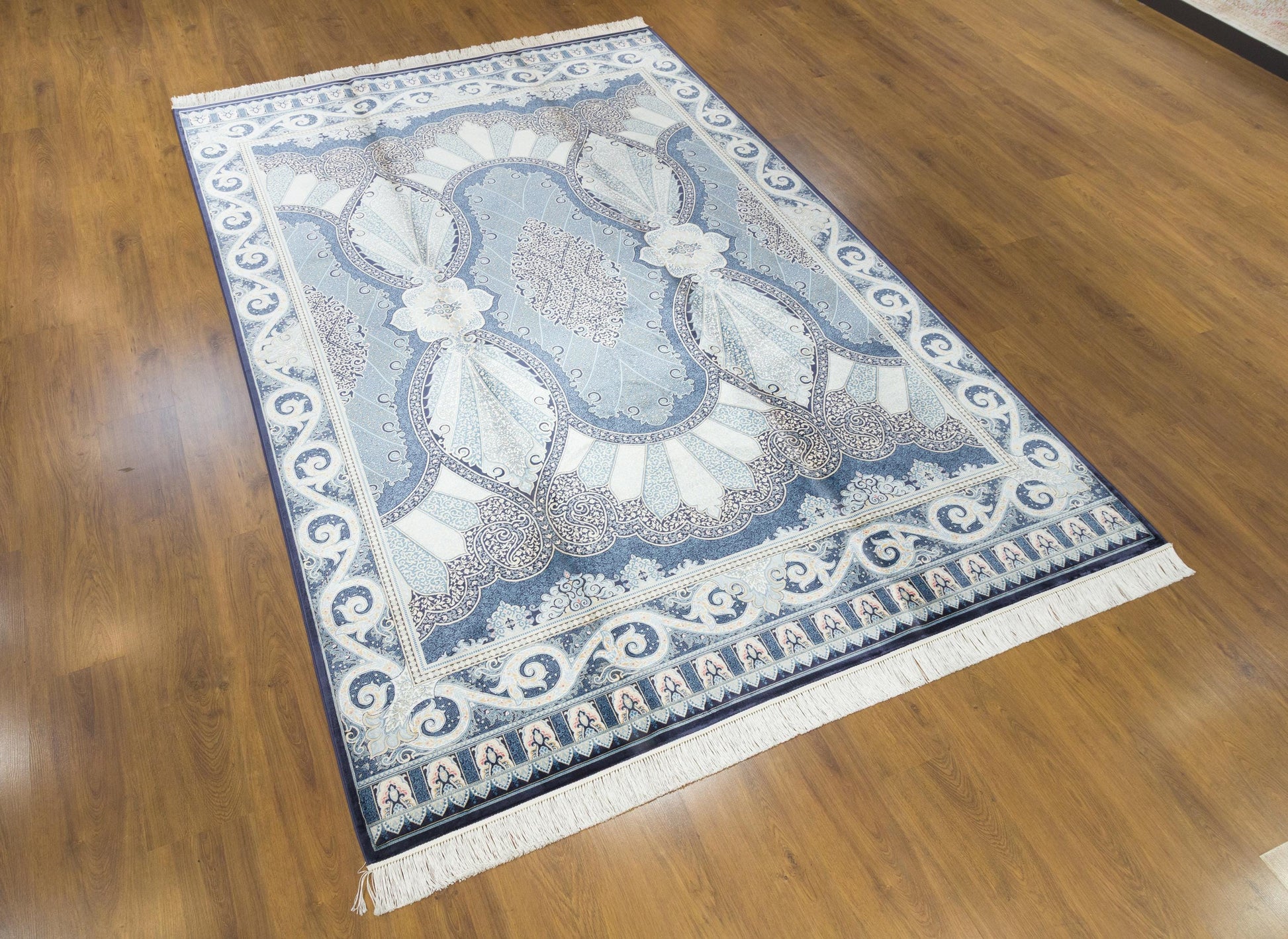 8x11 ft, Blue Oriental Silk Rug, Distressed Persian Design, Silk Look Fringes