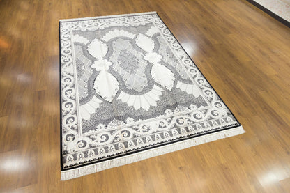 7x10 ft Black Oriental Silk Rug, Distressed Persian Design, Silk Fringes