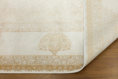 5x7 ft, Beige oriental medallion Silk Rug with fine Fringes