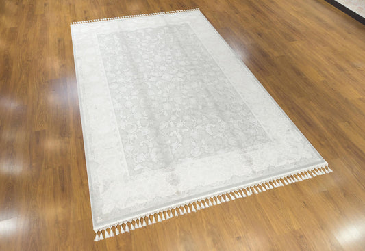 5x7 ft, Gray Floral Classic Silk Carpet with Tassels made with viscose yarn