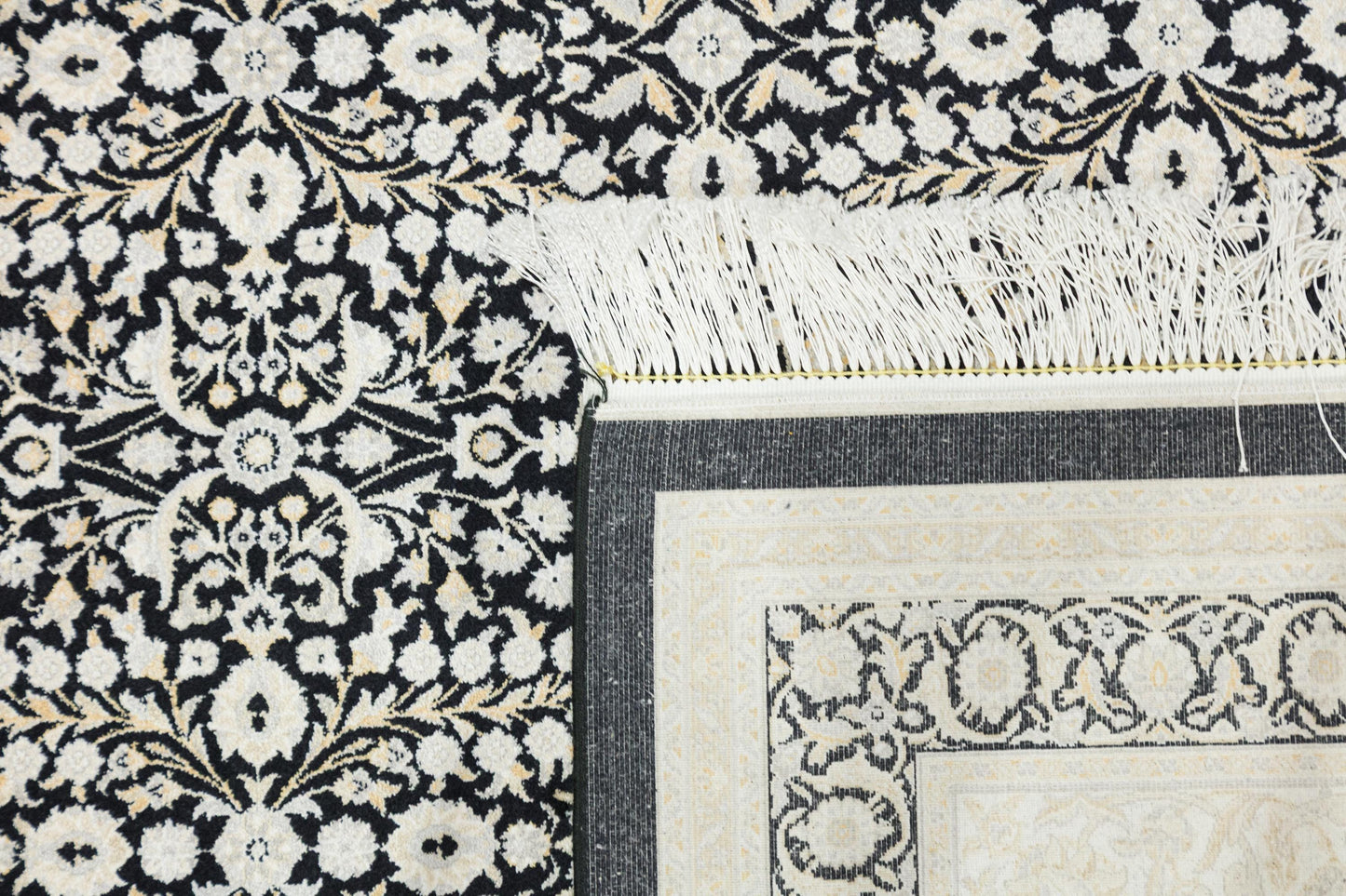 7x10 ft, Classic Black Silk Rug: Oriental black fine carpet with Fringes