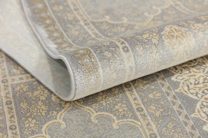 7x10 ft, Gray Silk Rug with medallion design: Classic oriental carpet with fine Fringes