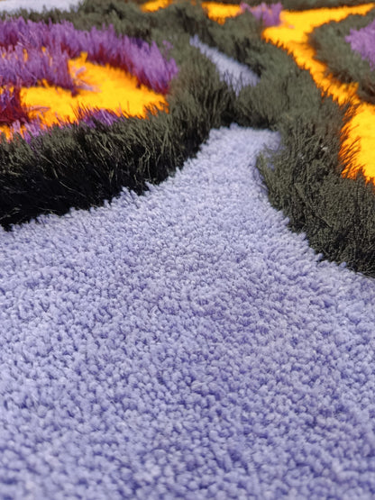 Handtufted Motorcycle Rug: Purple Kids Playroom Carpet with Orange Accents