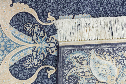 7x10ft, Fine Blue Oriental Silk Rug, Distressed Persian Design, Silk Look Carpet