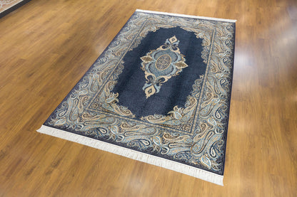 7x10ft, Fine Blue Oriental Silk Rug, Distressed Persian Design, Silk Look Carpet