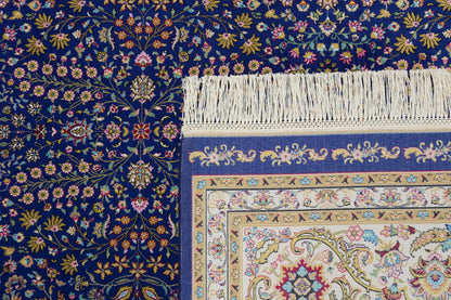 7x10 ft, Classic Blue Silk Rug: Oriental blue fine carpet with Fringes