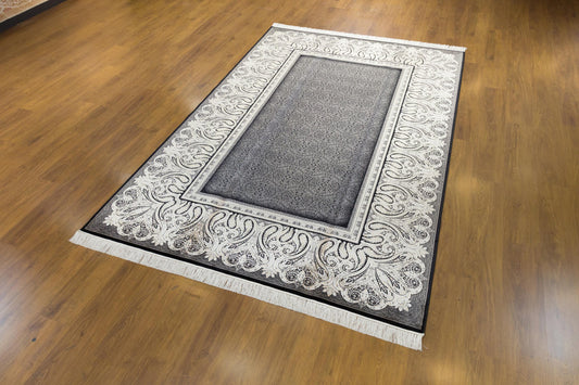 7x10 ft, Black Classic Silk Rug with paisley desing on the border, fine fringes