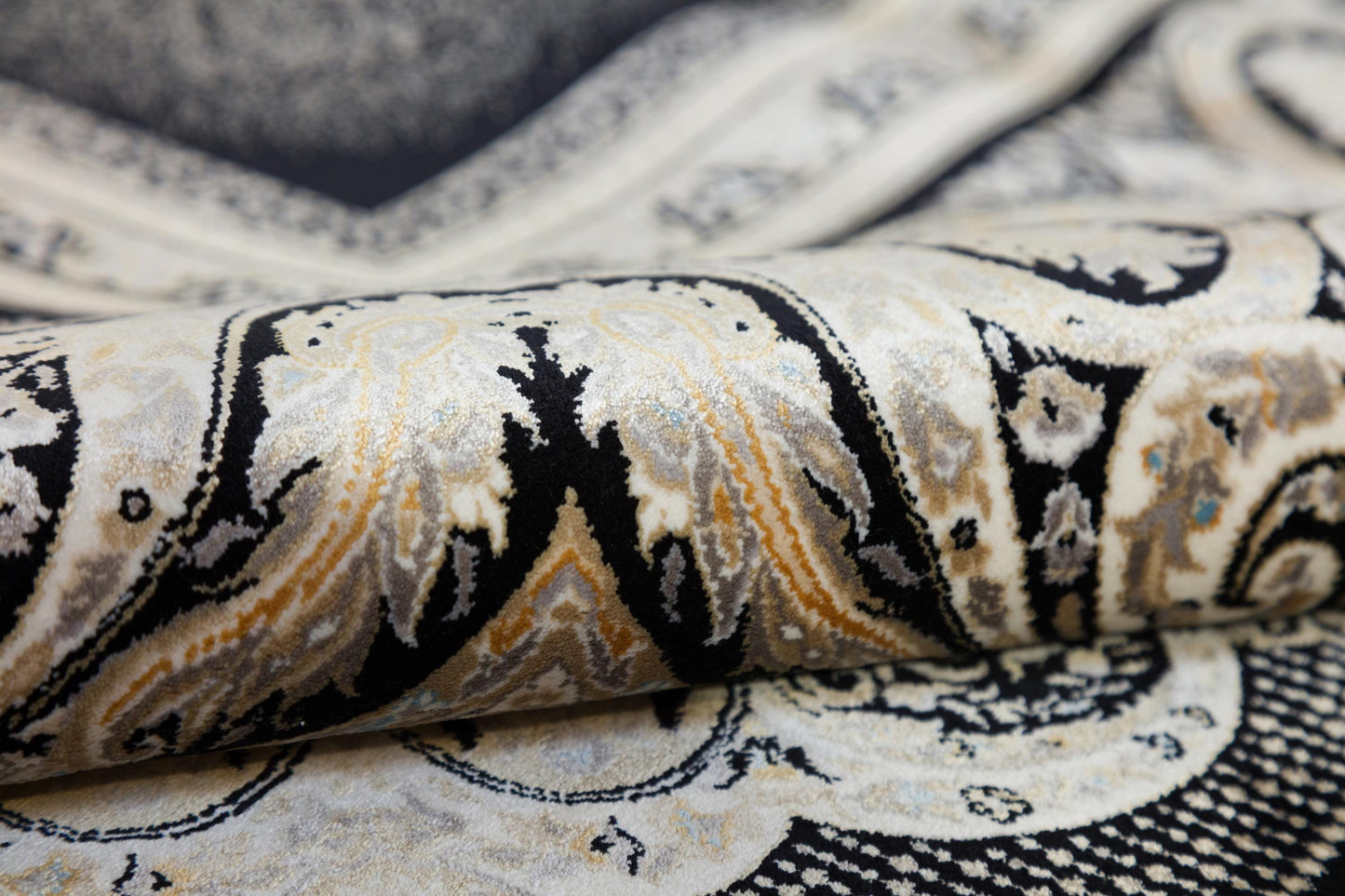 7x10 ft, Black Classic Silk Rug with paisley desing on the border, fine fringes