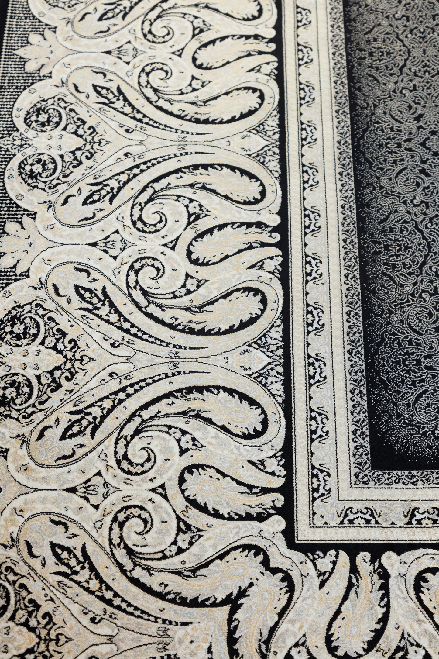 8x11 ft, Black Classic Silk Rug with paisley desing on the border, fine fringes