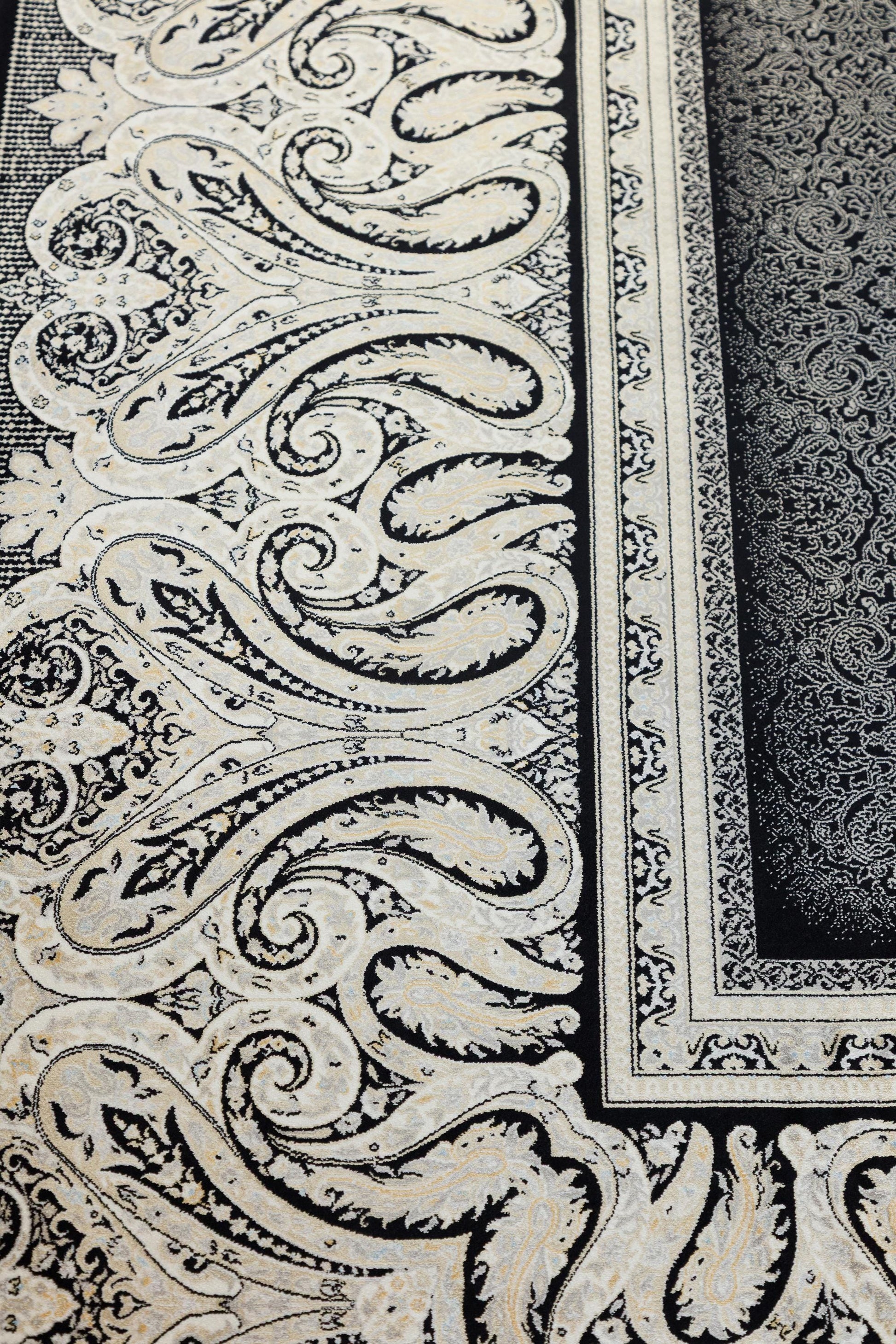 8x11 ft, Black Classic Silk Rug with paisley desing on the border, fine fringes