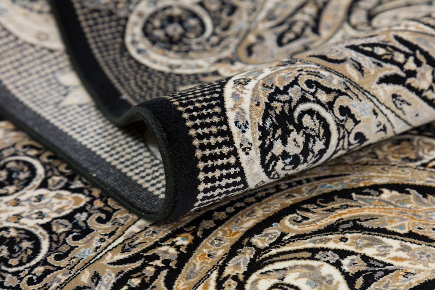 8x11 ft, Black Classic Silk Rug with paisley desing on the border, fine fringes