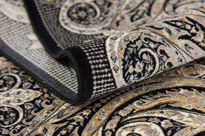 8x11 ft, Black Classic Silk Rug with paisley desing on the border, fine fringes