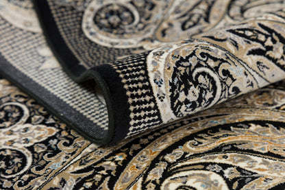 5x7 ft, Black Classic Silk Rug with paisley desing on the border, fine fringes