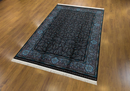 7x10 ft, Classic Black Silk Rug: Oriental black fine carpet with Fringes