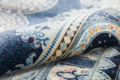 7x10ft, Classic Blue Oriental Silk Rug, Distressed Persian Design, Silk Look Carpet