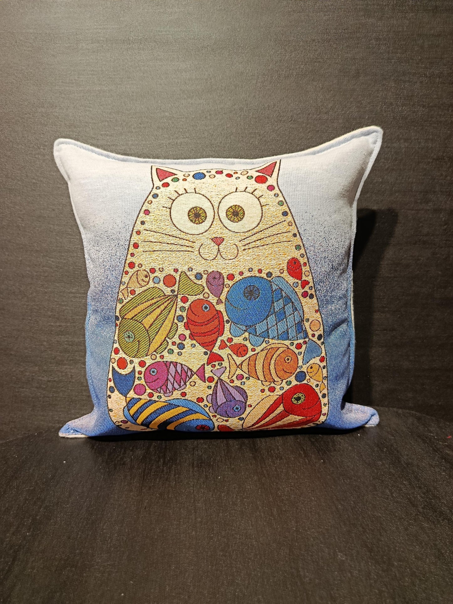 Gobelin Cat Pillow Cover: Whimsical Fish Design, Handmade in Türkiye