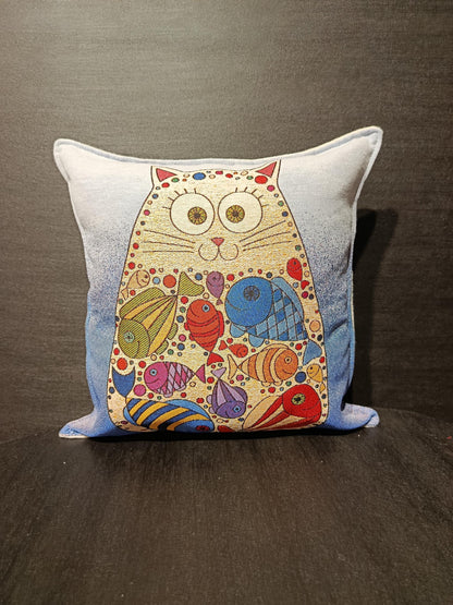 Gobelin Cat Pillow Cover: Whimsical Fish Design, Handmade in Türkiye