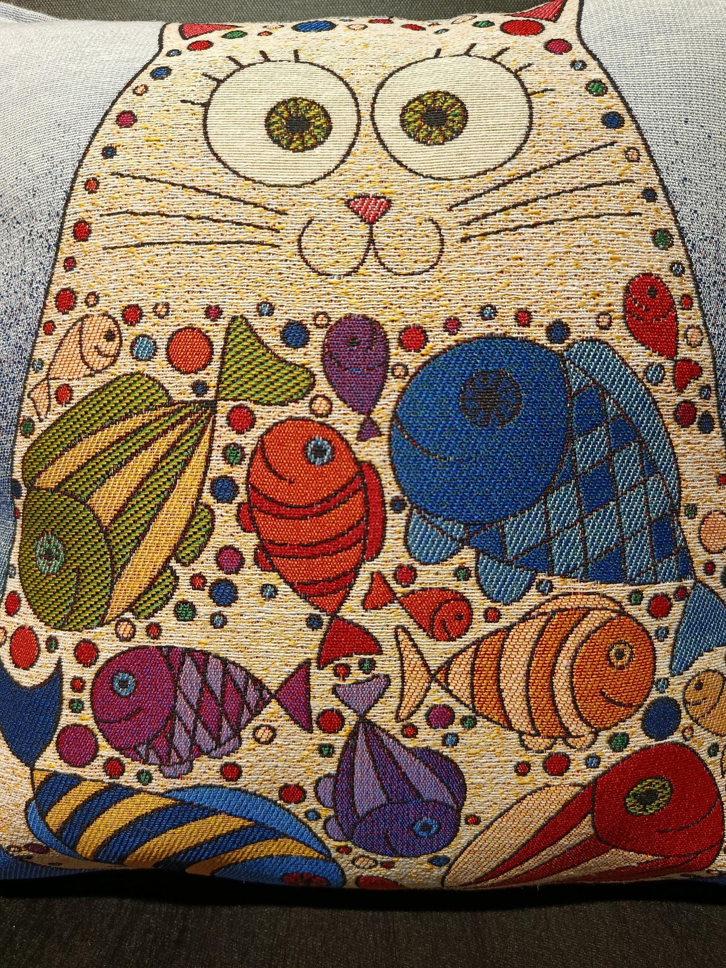 Gobelin Cat Pillow Cover: Whimsical Fish Design, Handmade in Türkiye