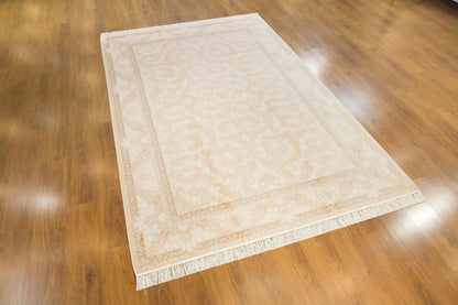 5x7 ft, Classic Beige Silk Rug: Floral oriental carpet with fine tassels