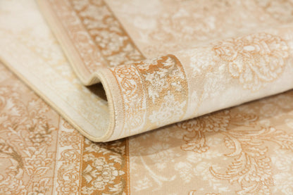 5x7 ft, Classic Beige Silk Rug: Floral oriental carpet with fine tassels