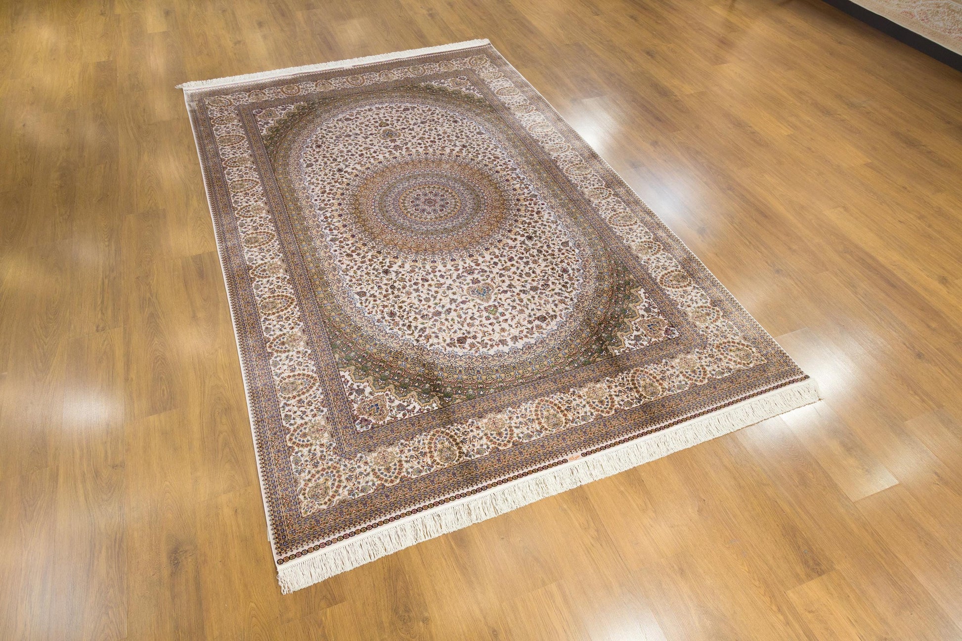 7x10 ft, Beige Classic oriental medallion Silk Rug made with viscose yarn