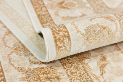 7x10 ft, Beige Floral Classic Silk Rug: Oriental carpet with fine tassels