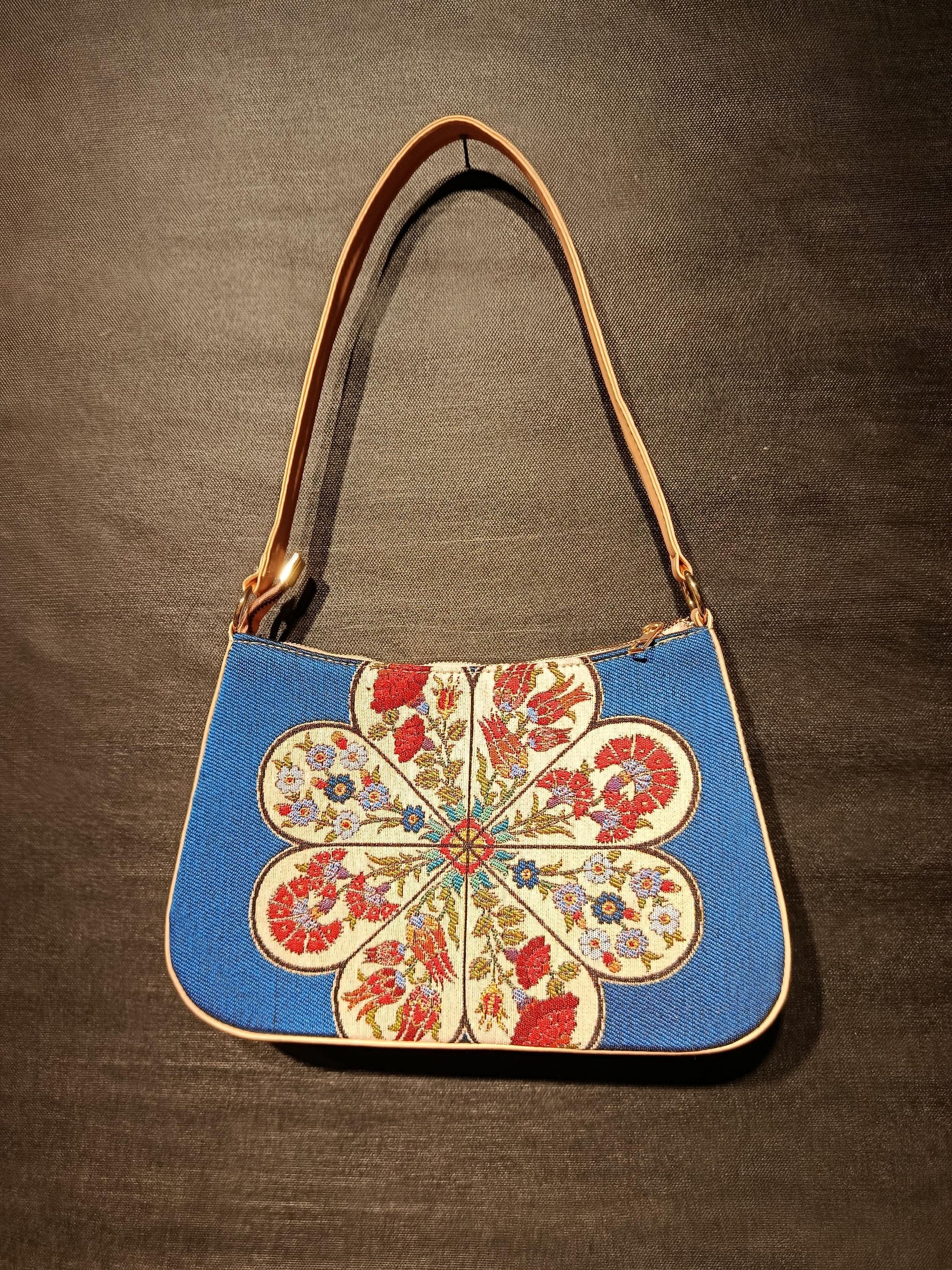 Blue Gobelin Floral Shoulder Bag: Turkish Embroidered Tapestry Purse