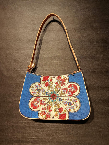 Blue Gobelin Floral Shoulder Bag: Turkish Embroidered Tapestry Purse