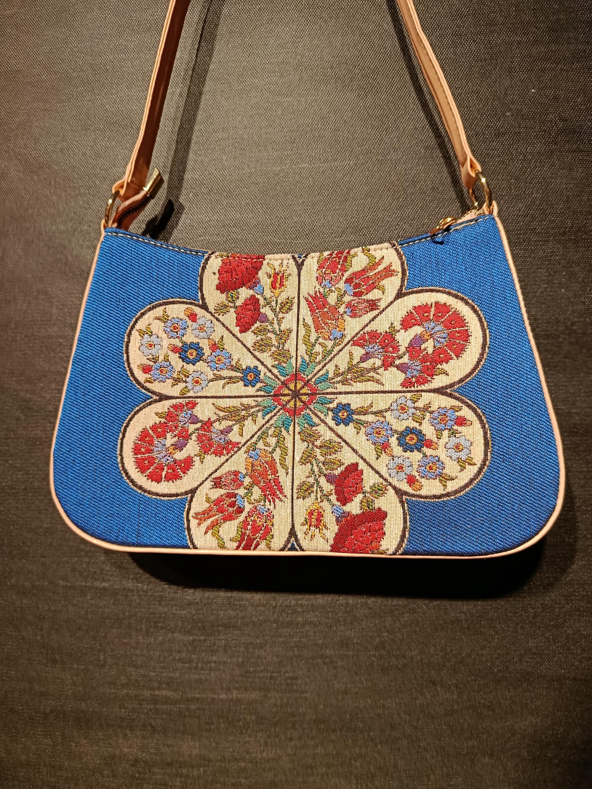 Blue Gobelin Floral Shoulder Bag: Turkish Embroidered Tapestry Purse