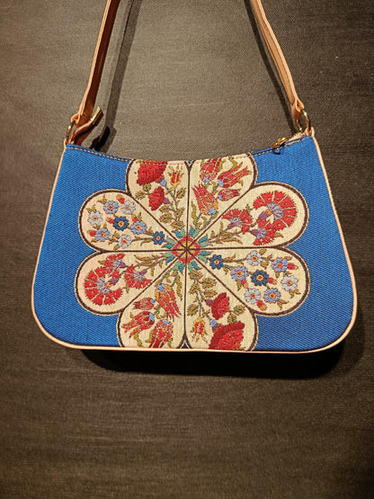 Blue Gobelin Floral Shoulder Bag: Turkish Embroidered Tapestry Purse