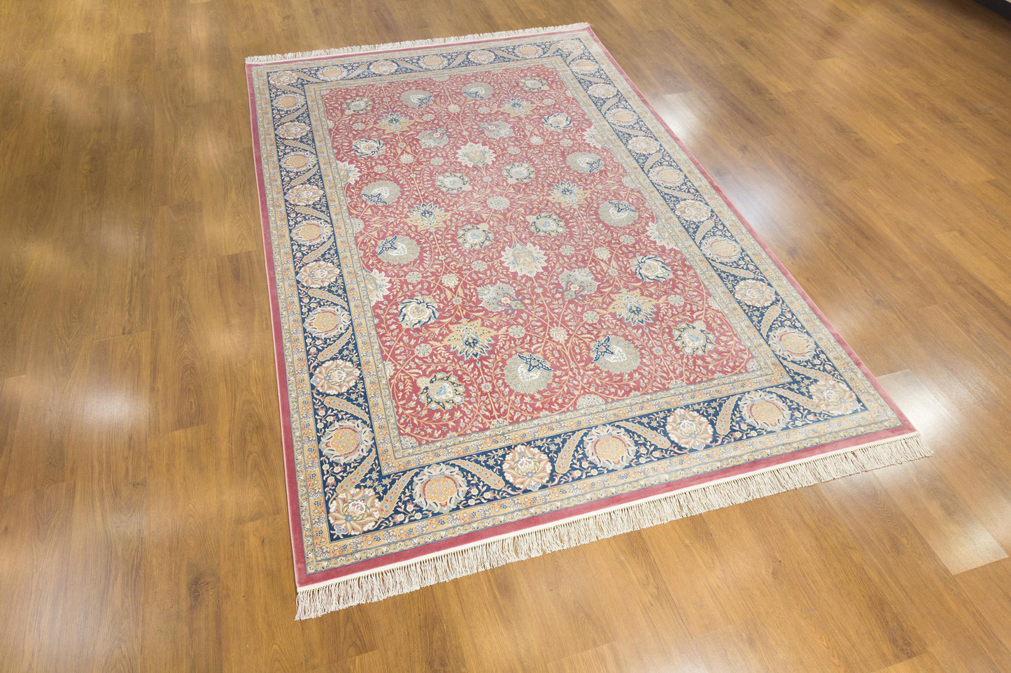 8x11 ft, Red Classic Silk Rug: Oriental Bamboo Carpet with fine Fringes