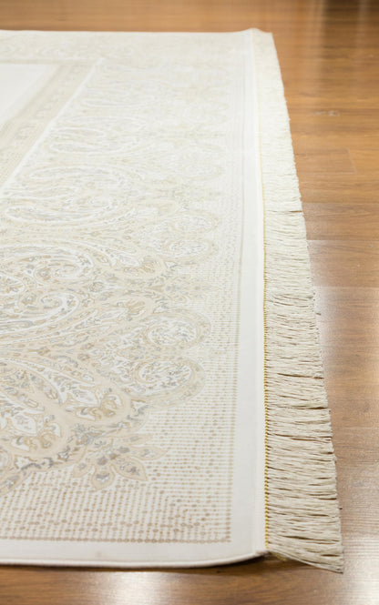 10x13 ft, Beige Classic Silk Rug with paisley desing on the border, fine fringes
