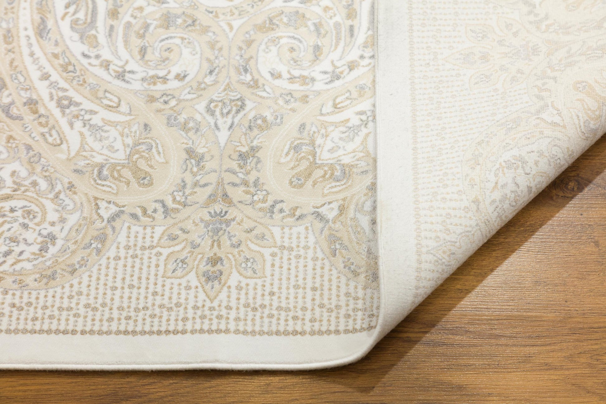 10x13 ft, Beige Classic Silk Rug with paisley desing on the border, fine fringes