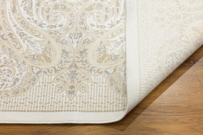 10x13 ft, Beige Classic Silk Rug with paisley desing on the border, fine fringes