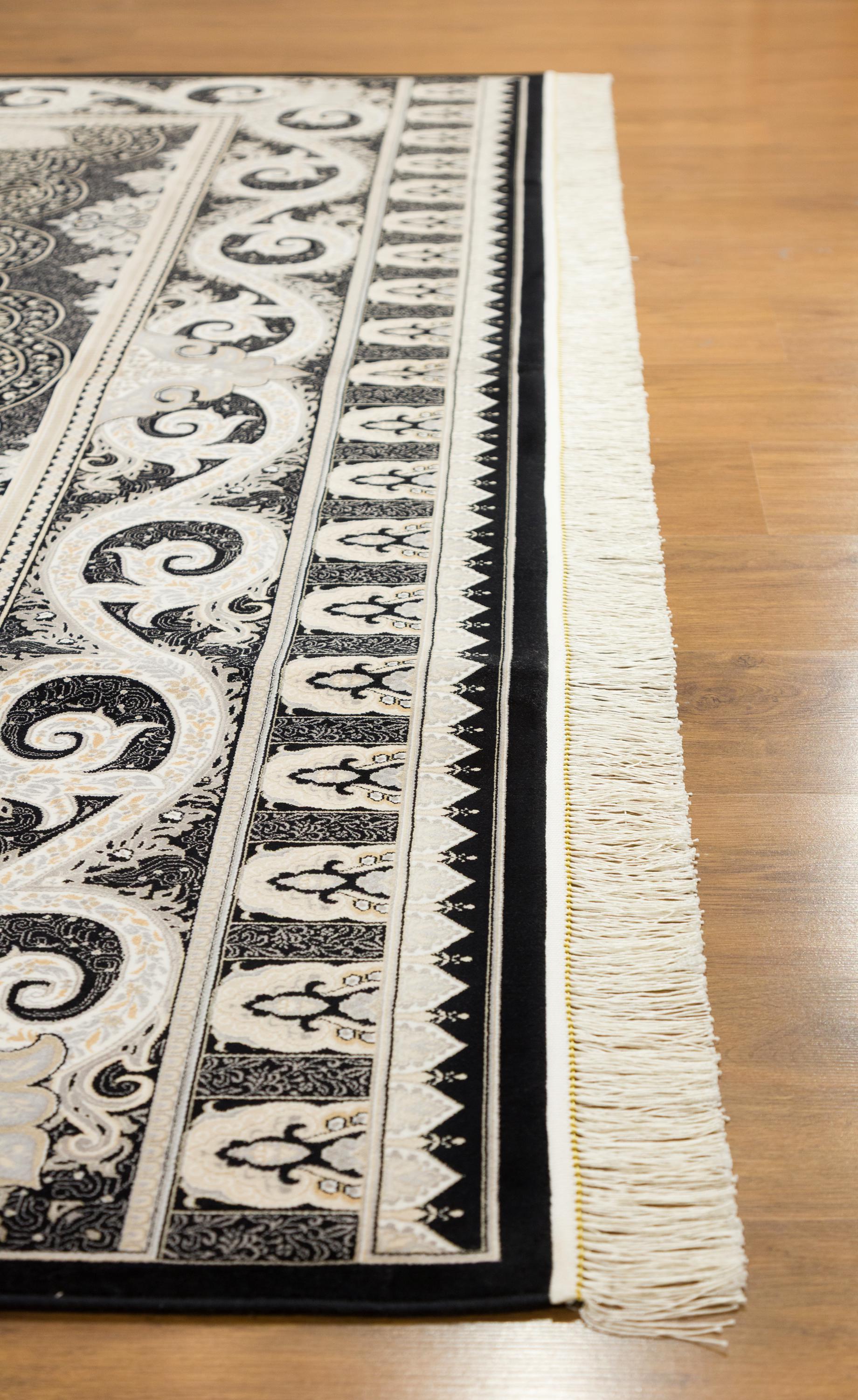 8x11 ft, Black Classic Silk oriental Rug: Fine Medallion Carpet with fringes