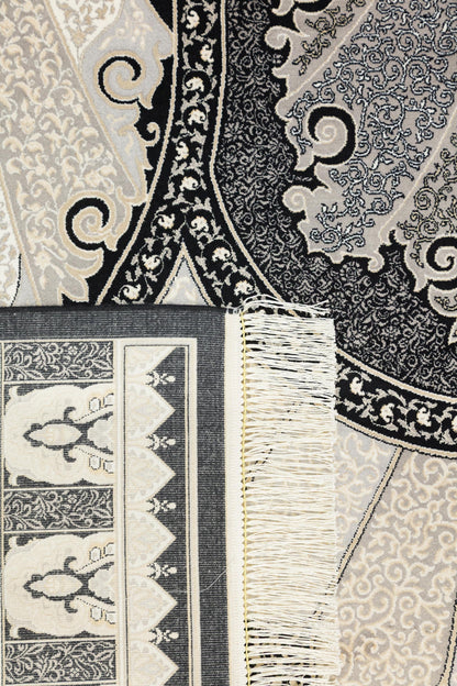 8x11 ft, Black Classic Silk oriental Rug: Fine Medallion Carpet with fringes