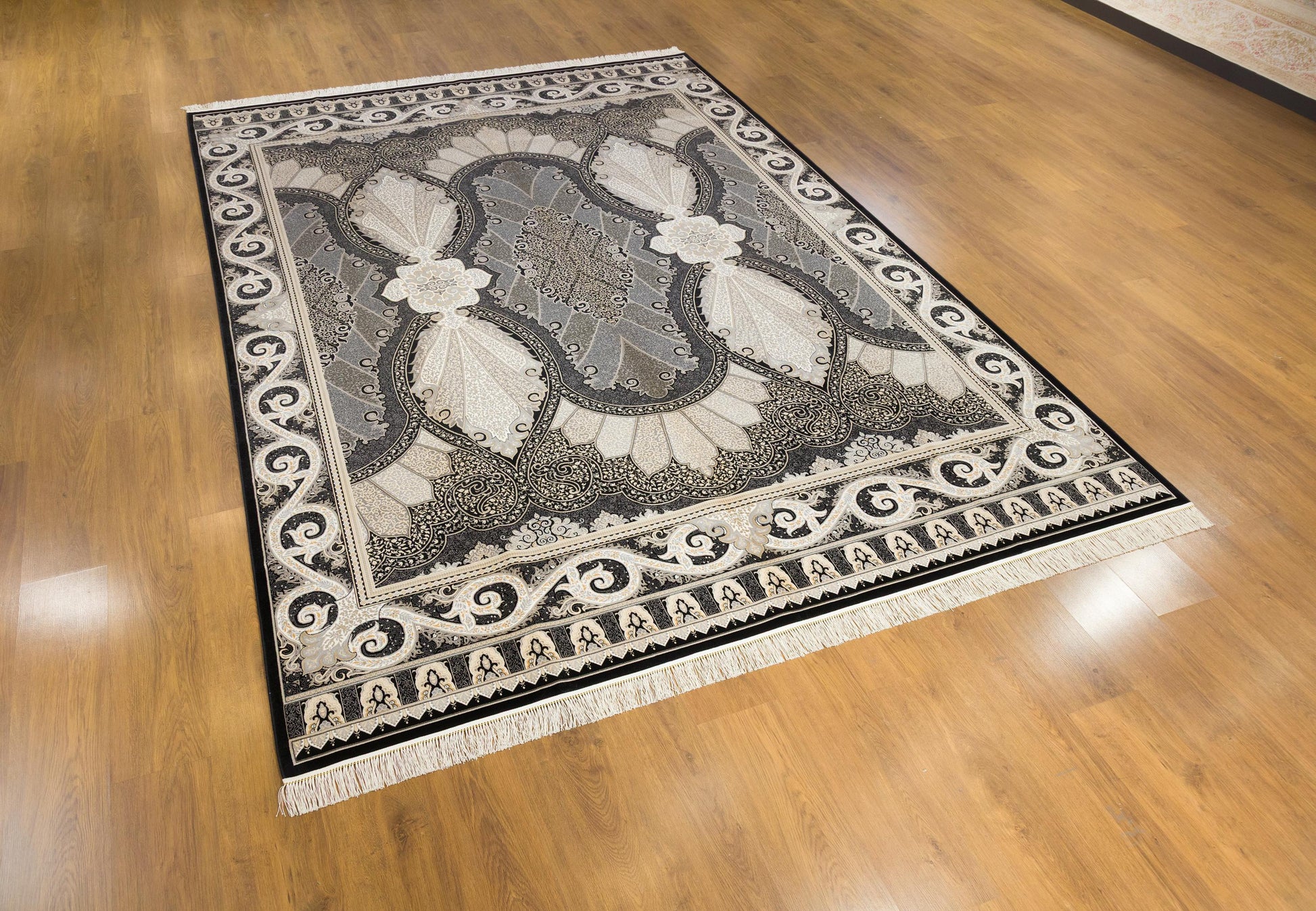 8x11 ft, Black Classic Silk oriental Rug: Fine Medallion Carpet with fringes