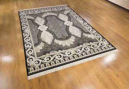 8x11 ft, Black Classic Silk oriental Rug: Fine Medallion Carpet with fringes