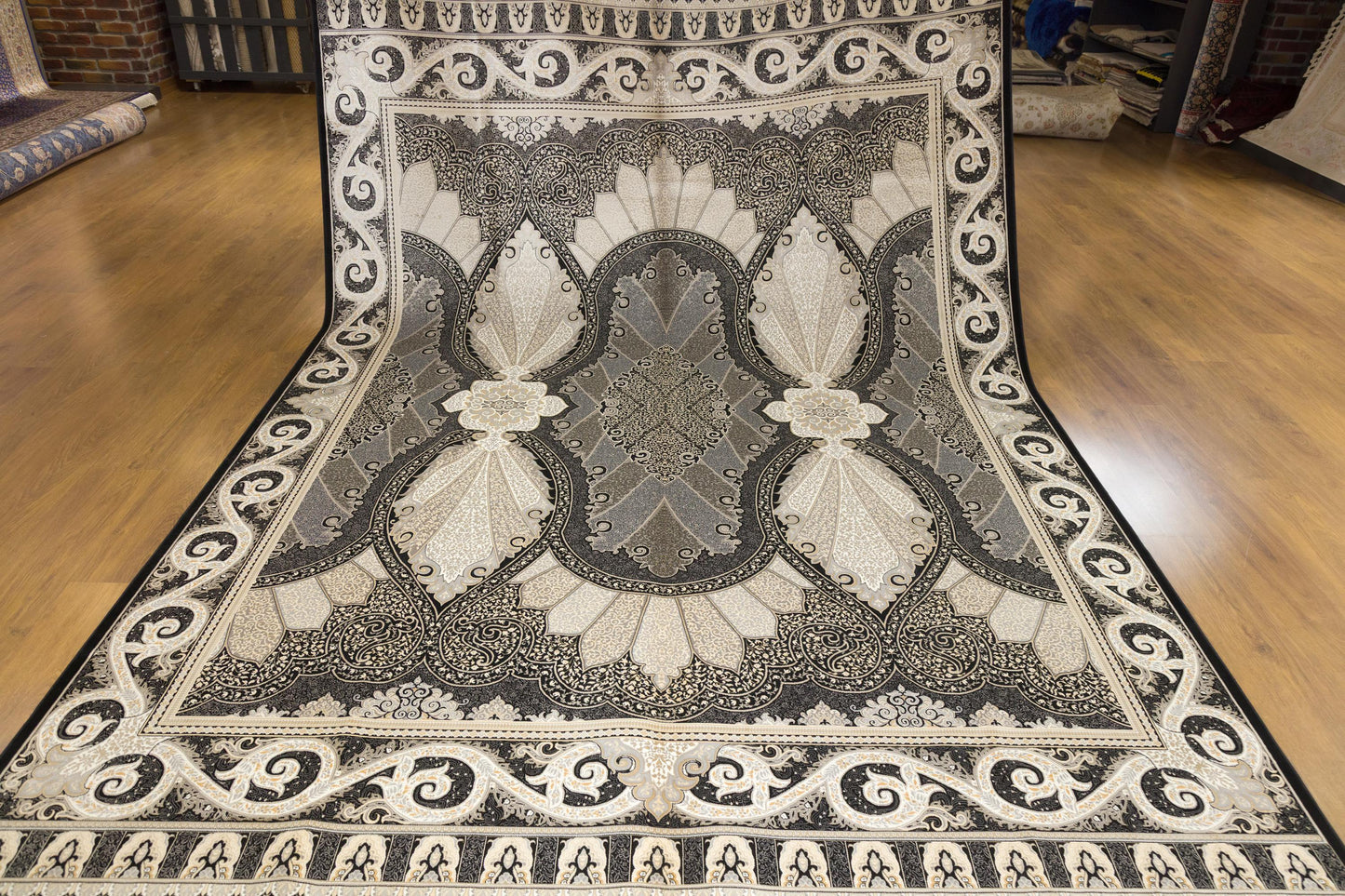 8x11 ft, Black Classic Silk oriental Rug: Fine Medallion Carpet with fringes