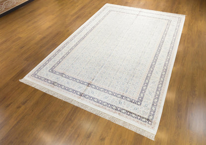 8x11 ft, Classic Blue Silk Rug: Oriental blue fine carpet with Fringes