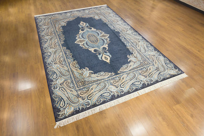 8x11 ft, Fine Blue Persian Bamboo Silk Rug, Distressed Oriental Medallion Carpet