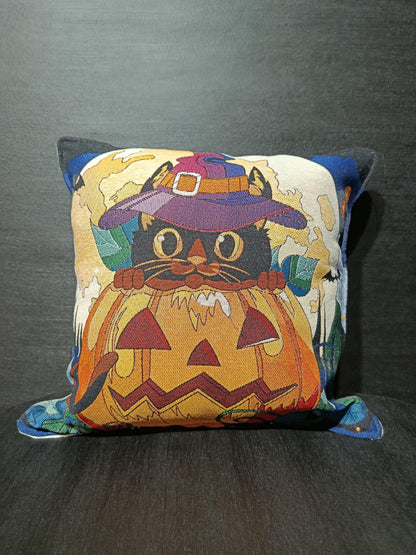 Halloween Cat Pillow Cover: Woven Gobelin Witch Hat & Pumpkin - 40x40 cm