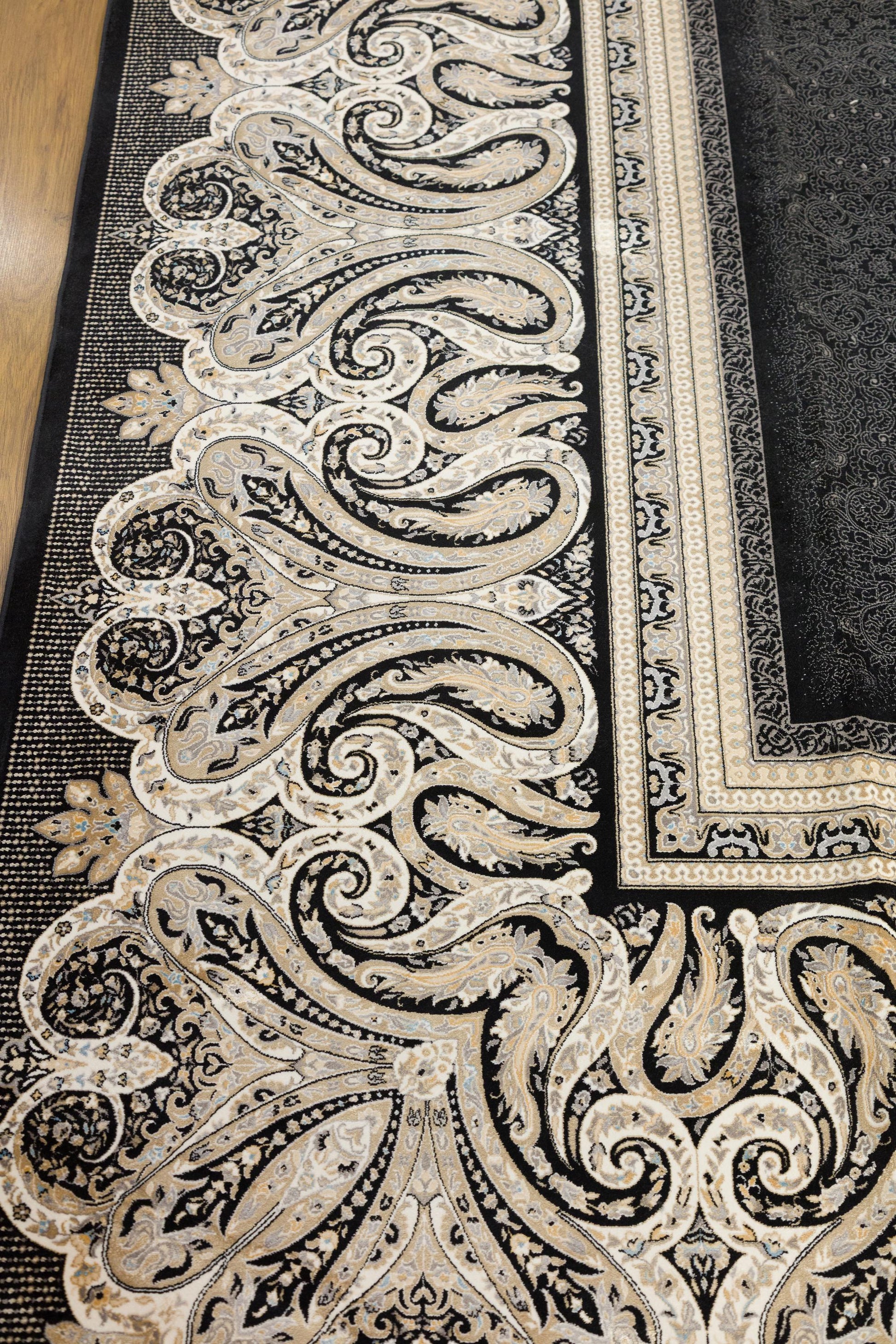 10x13 ft, Black Classic Silk Rug with paisley desing on the border, fine fringes