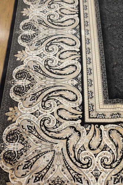 10x13 ft, Black Classic Silk Rug with paisley desing on the border, fine fringes